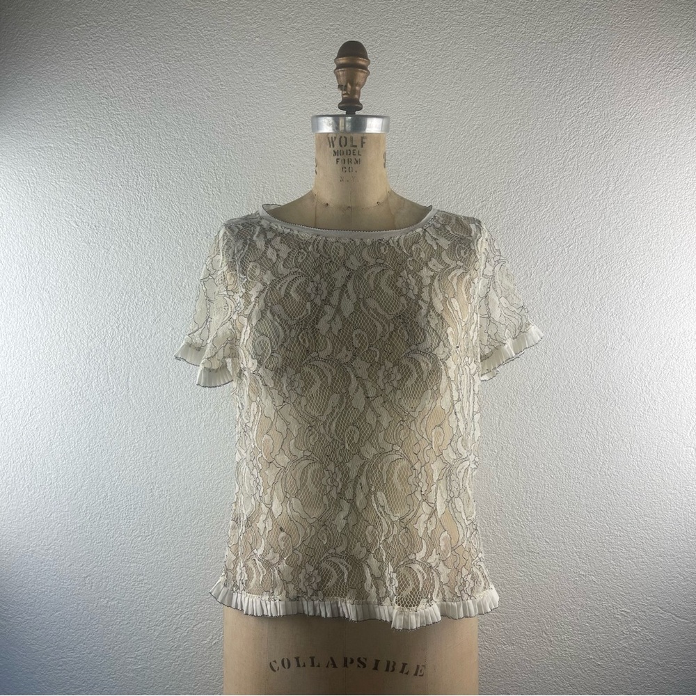 Ann Taylor l SP LOFT Retro Feminine Sheer Floral Lace Pleated Ruffle Trim Blouse
